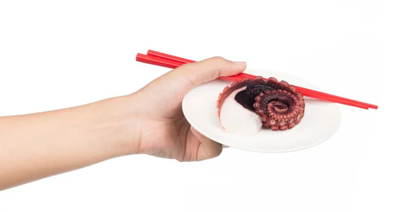 Hand Holding Chopsticks Eating Tentacles Octopus Isolated White Background — Stock Photo, Image