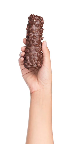 Tangan Memegang Coklat Cereal Bar Terisolasi Pada Latar Belakang Putih — Stok Foto