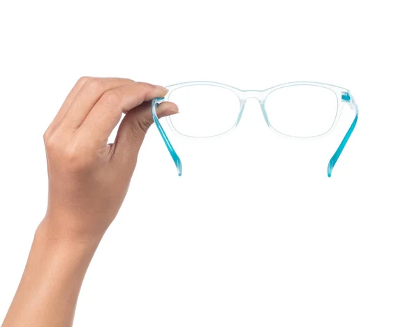 Hand Innehav Blå Glasögon Isolerad Vit Bakgrund — Stockfoto