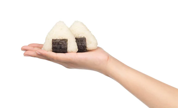 Ruční Držení Onigiri Sušenými Řasami Nori Izolované Bílém Pozadí — Stock fotografie