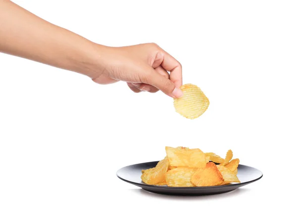 Mão Segurando Batatas Fritas Prato Isolado Fundo Branco — Fotografia de Stock