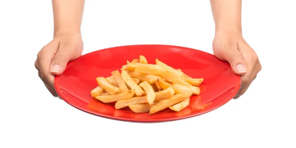 Mano Sosteniendo Papas Fritas Plato Aislado Sobre Fondo Blanco —  Fotos de Stock