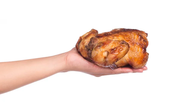 Mano Sosteniendo Pollo Asado Aislado Sobre Fondo Blanco — Foto de Stock