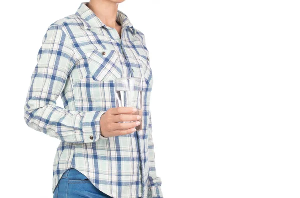 Girl Dressed Plaid Shirt Hold Glass Water Isolated White Background — Stock Photo, Image