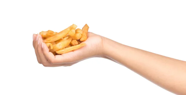 Hand Håller Pommes Frites Potatis Isolerad Vit Bakgrund — Stockfoto