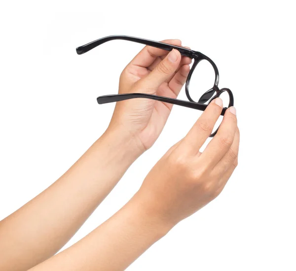 Mano Celebración Ojo Gafas Aislado Sobre Fondo Blanco — Foto de Stock