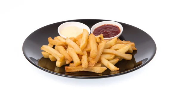 Friet Aardappelen Met Ketchup Mayonaise Een Schotel Geïsoleerd Witte Achtergrond — Stockfoto