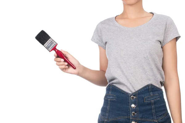 Mooie Vrouw Paars Shirt Met Lippenstift Geïsoleerd Witte Achtergrond — Stockfoto