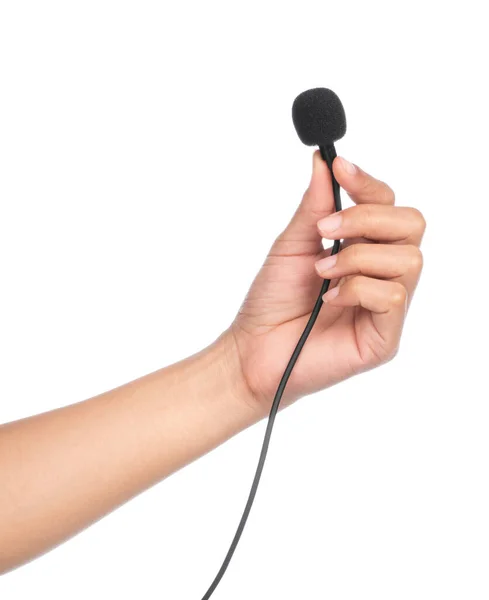 Hand Holding Microphone Lapel Lavalier Isolated White Background — Stock Photo, Image