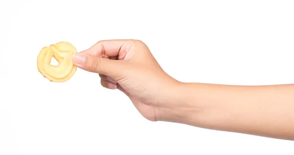 Mão Segurando Cookie Isolado Fundo Branco — Fotografia de Stock