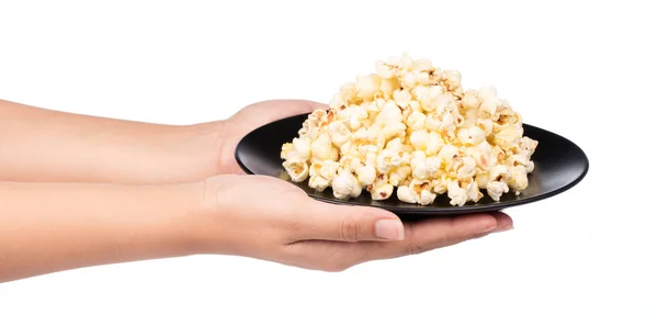 Hand Innehav Platta Popcorn Isolerad Vit Bakgrund — Stockfoto