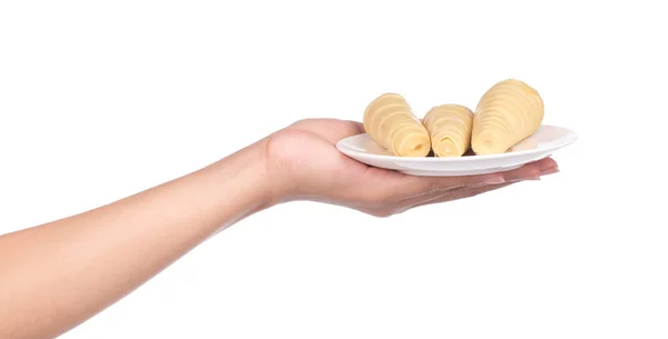 Hand Holding Boiled Bamboo Shoots Plate Isolated White Background — Stock Photo, Image