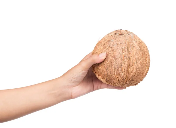 Hand Hålla Coconut Gamla Brun Isolerad Vit Bakgrund — Stockfoto