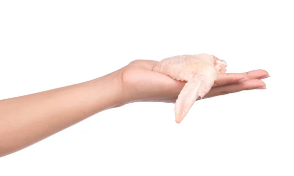 Mão Segurando Raw Frango Asas Carne Isolada Fundo Branco — Fotografia de Stock