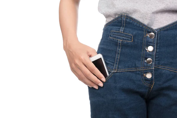 Telefone Celular Bolso Jeans Azul Camiseta Cinza Isolado Fundo Branco — Fotografia de Stock