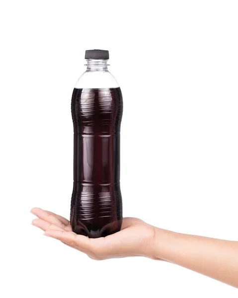 Mano Que Sostiene Botella Plástico Cola Refresco Carbonatado Aislado Sobre — Foto de Stock