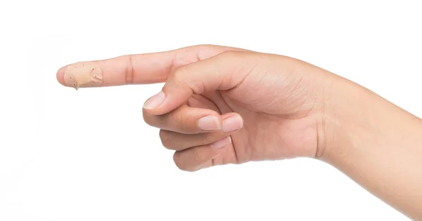 Εμφάνιση Αυτοκόλλητων Επιδέσμων Στο Δάχτυλο Τραυματισμού Λευκό Φόντο — Φωτογραφία Αρχείου