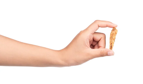 Hand Holding Snacks Fried Fish Isolated White Background — Stock Photo, Image