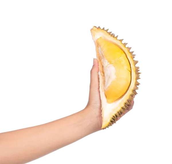 Hand Hält Einen Teil Der Durian Früchte Isoliert Auf Weißem — Stockfoto