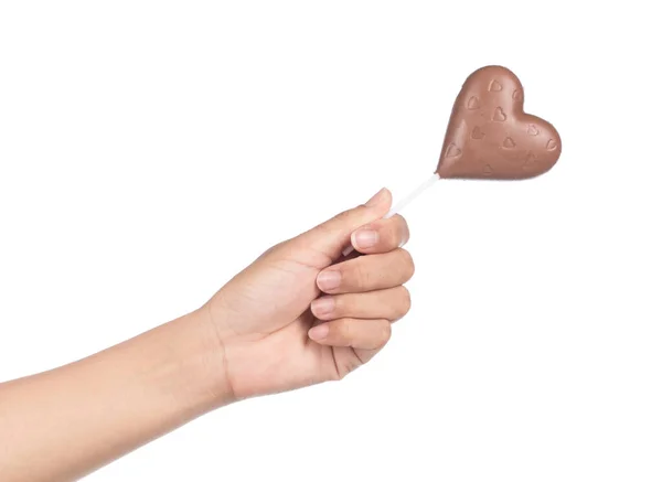 Mano Sosteniendo Corazón Chocolate Aislado Sobre Fondo Blanco — Foto de Stock