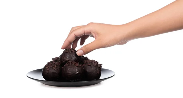 Рука Тримає Шоколадний Тарілці Ізольовано Білому Фоні — стокове фото