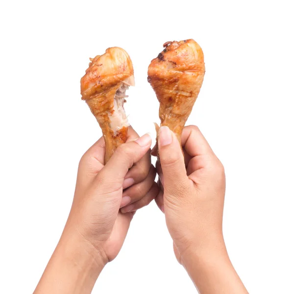 Mano Sosteniendo Pierna Pollo Asado Aislado Sobre Fondo Blanco — Foto de Stock