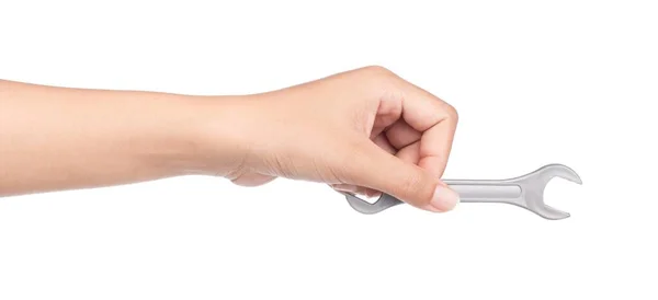 Hand Hält Schraubenschlüssel Isoliert Auf Weißem Hintergrund — Stockfoto