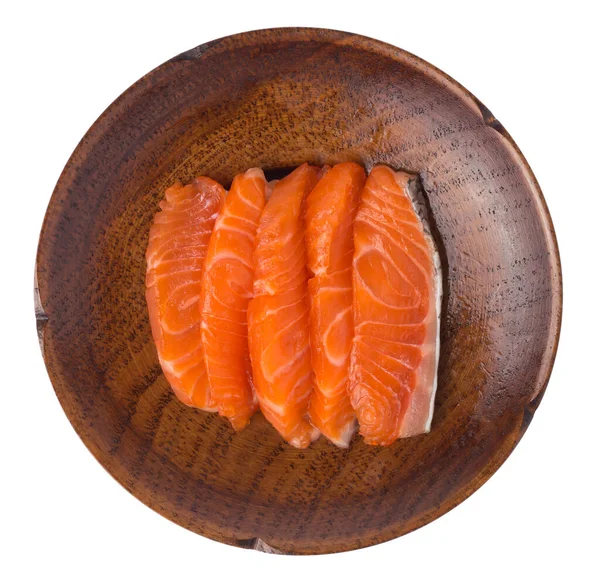 Frisches Rohes Lachssteak Mit Rotem Fisch Auf Einem Holzgericht Isoliert — Stockfoto