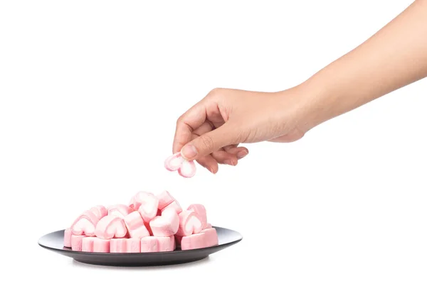 Σχήμα Καρδιάς Που Κρατά Χέρι Του Marshmallow Πιάτο Που Απομονώνεται — Φωτογραφία Αρχείου