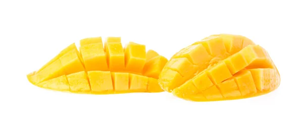 Fetta Mango Tagliata Cubetti Isolata Fondo Bianco — Foto Stock