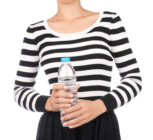 Девушка Одета Держать Бутылку Воды Изолированы Белом Фоне — стоковое фото