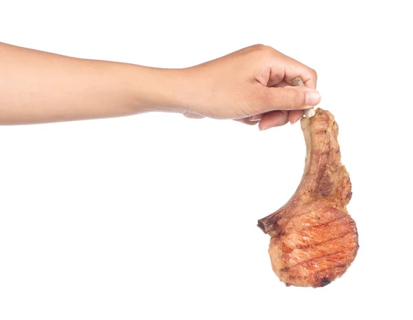 Mano Sosteniendo Costillas Cerdo Parrilla Aisladas Sobre Fondo Blanco — Foto de Stock