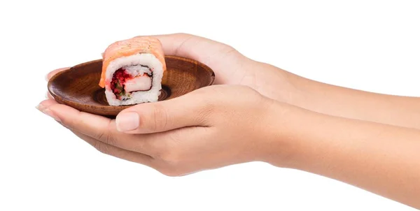 Hand Hält Lachs Sushi Auf Schale Isoliert Auf Weißem Hintergrund — Stockfoto