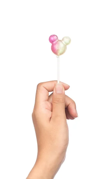 Hand Houden Lolly Geïsoleerd Witte Achtergrond — Stockfoto