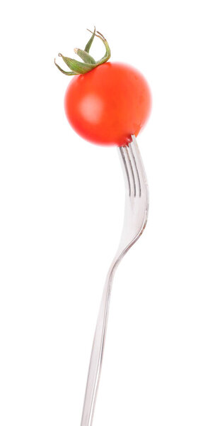fork with Fresh tomato isolated on white background