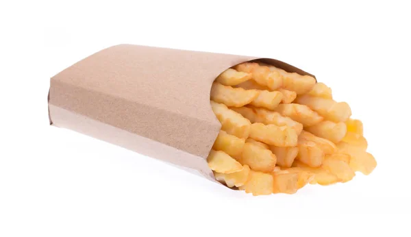 Papas Fritas Serradas Una Bolsa Papel Marrón Aislada Sobre Fondo —  Fotos de Stock