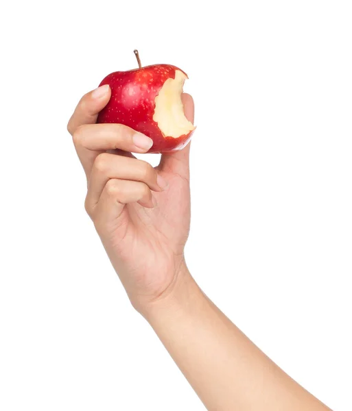 Hand Holding Bite Czerwone Jabłko Białym Tle — Zdjęcie stockowe
