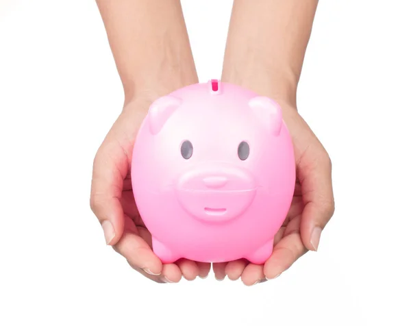 Hand Holding Pink Piggy Bank Isolated White Background — Stock Photo, Image