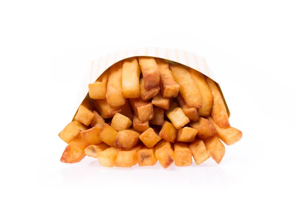 Batatas Fritas Num Saco Papel Amarelo Isolado Num Fundo Branco — Fotografia de Stock