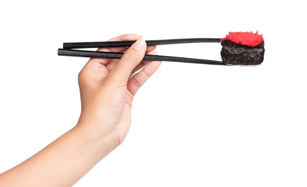 Hand Hält Sushi Durch Essstäbchen Isoliert Auf Weißem Hintergrund — Stockfoto