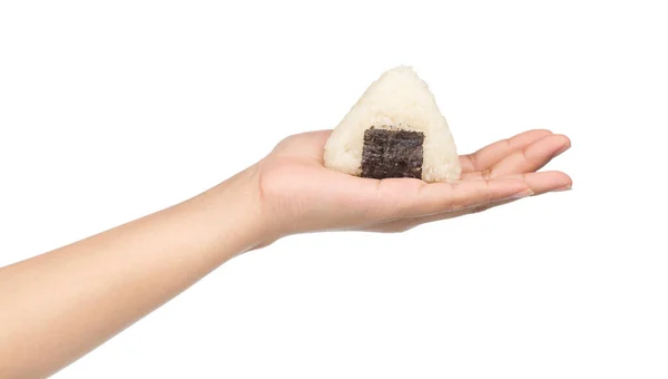 Hand Hält Onigiri Mit Getrockneten Algen Nori Isoliert Auf Weißem — Stockfoto
