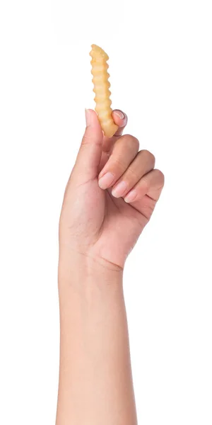 Mão Segurando Batatas Fritas Serrilhadas Isoladas Fundo Branco — Fotografia de Stock