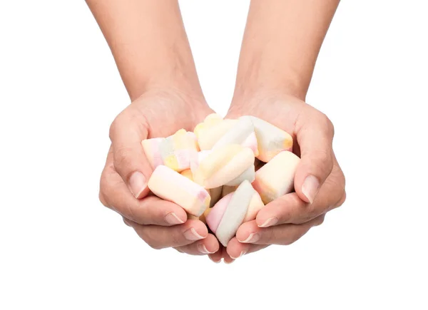 Hand Holding Sweet Marshmallow Pastel Isolated White Background — Stock Photo, Image