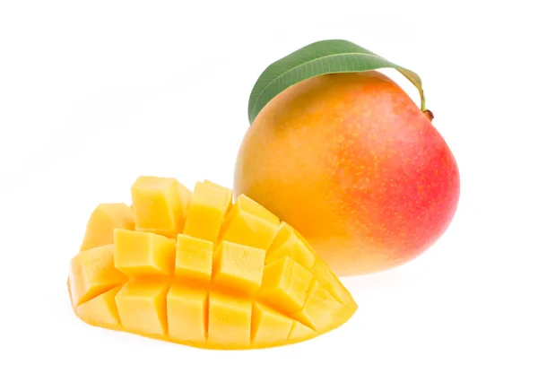 Fetta Mango Con Foglia Isolata Fondo Bianco — Foto Stock