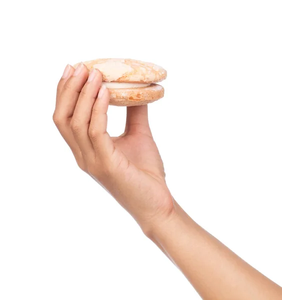 Ruční Držení Vanilkové Krémové Sušenky Izolované Bílém Pozadí — Stock fotografie