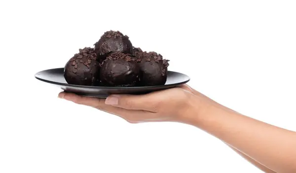 Рука Тримає Шоколадний Тарілці Ізольовано Білому Фоні — стокове фото