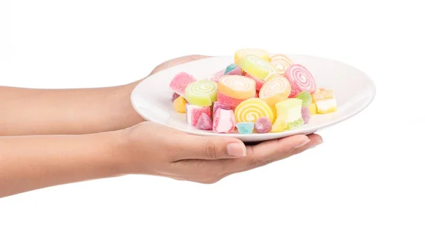 Hand Holding Jelly Sweet Dish Isolated White Background — Stock Photo, Image