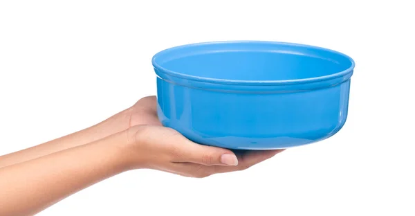 Hand Holding Blue Water Bowl Isolated White Background — Stock Photo, Image