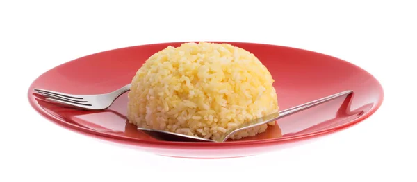 Rice Plate Portion Cooked Yellow Rice Red Ceramic Dish Stock Photo