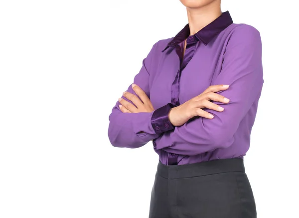 Beautiful Woman Purple Shirt Crossed Arms Isolated White Background Stock Photo